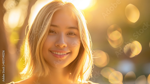 blonde woman with light eyes outdoors in smiling and sparkling summer