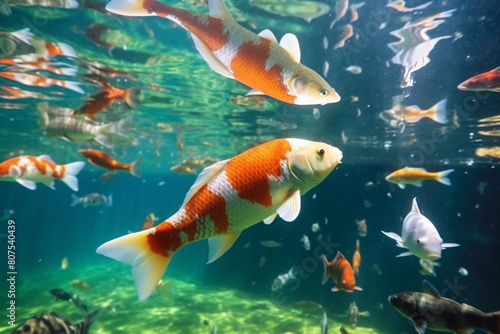 Tropical fish swim through a vibrant coral reef in a clear blue aquarium