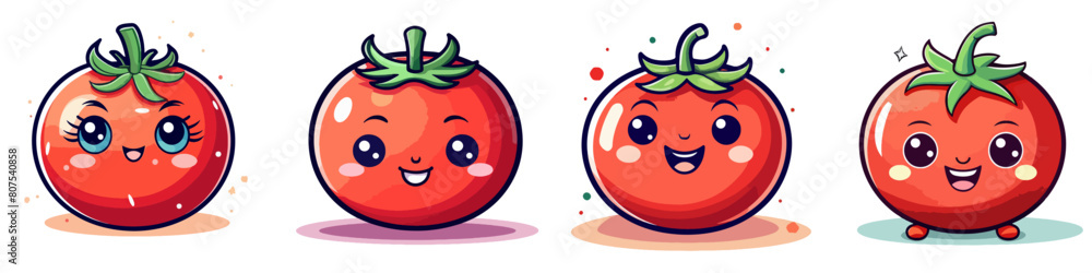 Obraz premium Funny Kawaii Chibi Style Tomato Set - Cute Vector Illustration (EPS 10) - Isolated Cartoon Tomatoes on Transparent Background