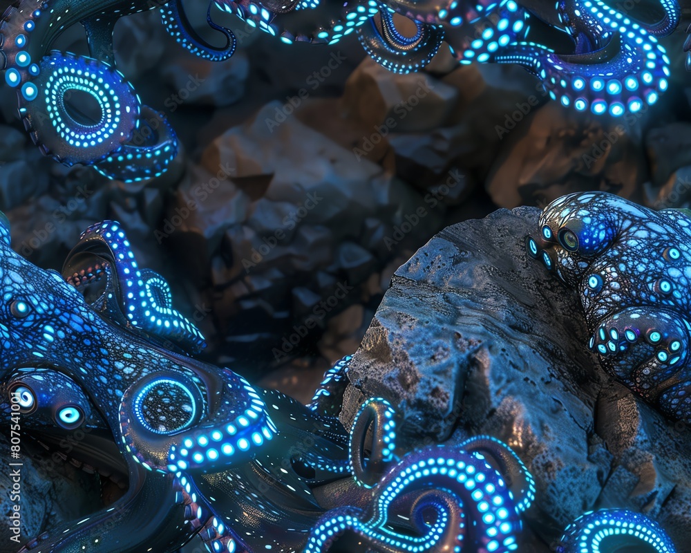 Obraz premium Focus on a robotic octopus camouflaging itself among rocky crevices in a digital underwater masterpiece Detail its electric-blue LEDs mimicking bioluminescent patterns