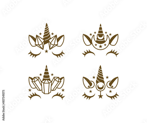 magic crystal unicorn face cute cartoon vector icon design illustration collections sets 