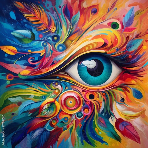 Illustration of a colourful abstract eye and feathers.