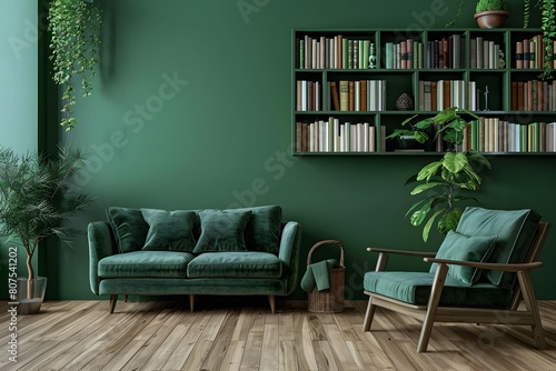 Green sofa and chair against green wall with book shelf. Scandinavian home interior design of modern living room with greenery. © Sangkarn