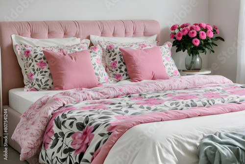 Patterned bedding on bed with bedhead in woman's bedroom interior with pink flower on table photo