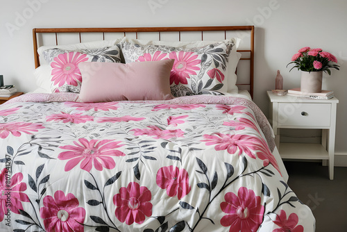 Patterned bedding on bed with bedhead in woman's bedroom interior with pink flower on table photo
