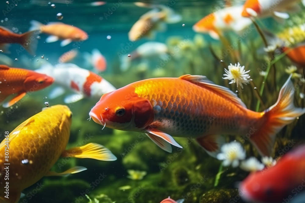 Naklejka premium Goldfish swimming underwater in a fish tank 