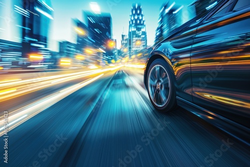 High-speed car driving on highway in modern city at night, light trails motion blur with skyscrapers in the background. photo