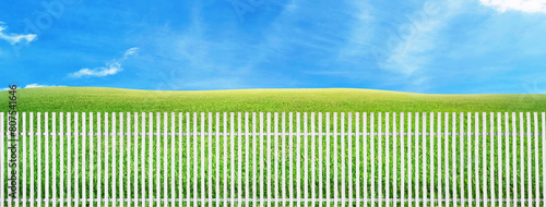 White picket fence, green grass, and a clear sky.