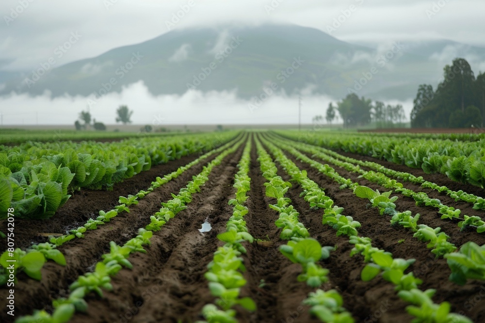 Freshly Planted Vegetable Crops on a Misty Day
