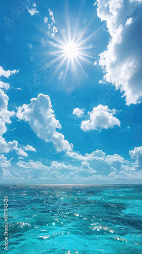 Azure cloudy sky with bright summer tropical sun and turquoise sea or ocean Skyblue tropical paradise