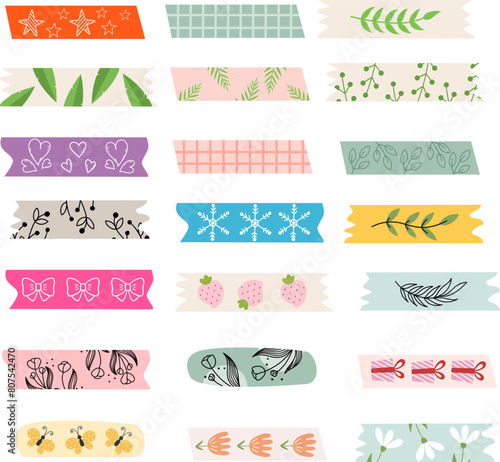 Set of decorative adhesive tapes in Hand drawn style. Floral and berry pattern for decoration of postcard.