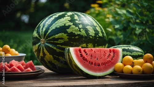 sliced watermelon and fruits arranged on wooden table with garden and greenery on background.