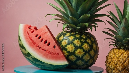 watermelon carved into pineapple look, watermelon and pineapple