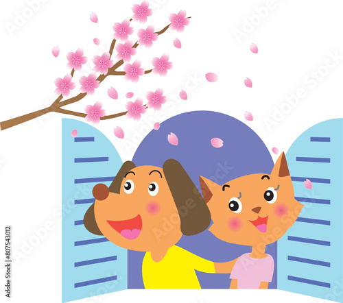窓辺の桜を見る犬と猫のカップル
