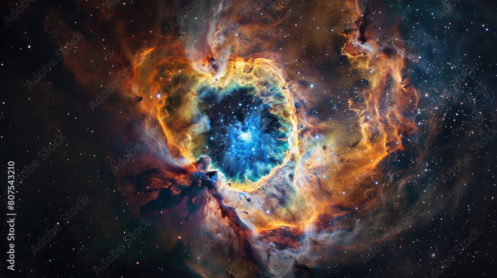 Obraz premium A giant nebula in space with swirling gas and dust forming a circular portal shape