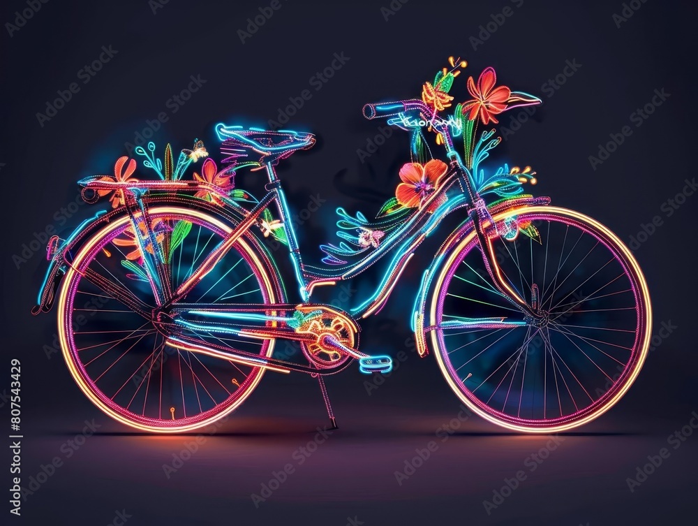 Fototapeta premium Visualize a bicycle painted with neon and floral designs, making it a joyful and eyecatching mode of transportation