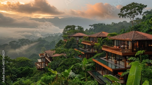 An aerial view of a boutique hotel that offers an eco-luxury experience amid a beautiful natural landscape designed with sustainability in mind.