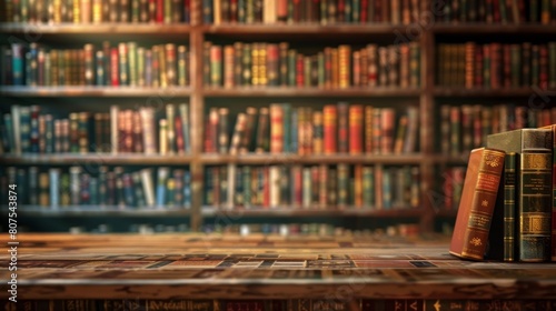 Wide book shelves with blurry effect on book cover, copy and text space, concept: education, libary, 16:9 photo