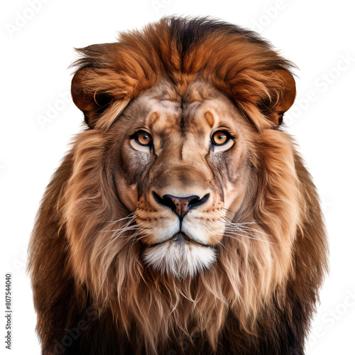 The face of a male African lion  looking straight into the camera. Isolated on transparent background