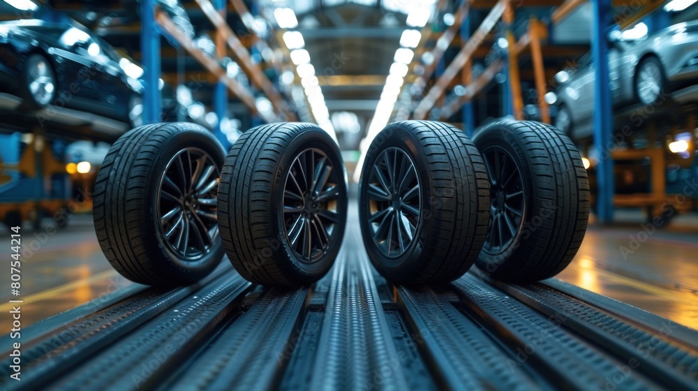 A warehouse of new tires in stock is available at many service centers or auto repair shops. Car repair service center Changing tires and installing tires A warehouse of new tires in stock is available at many service centers or auto repair shops. Car repair service center Changing tires and installing tires