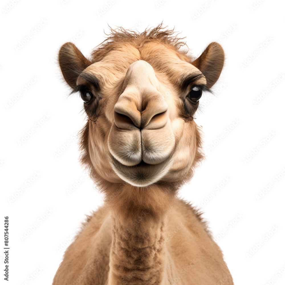 Fototapeta premium Camel face close up front view, isolated on transparent background