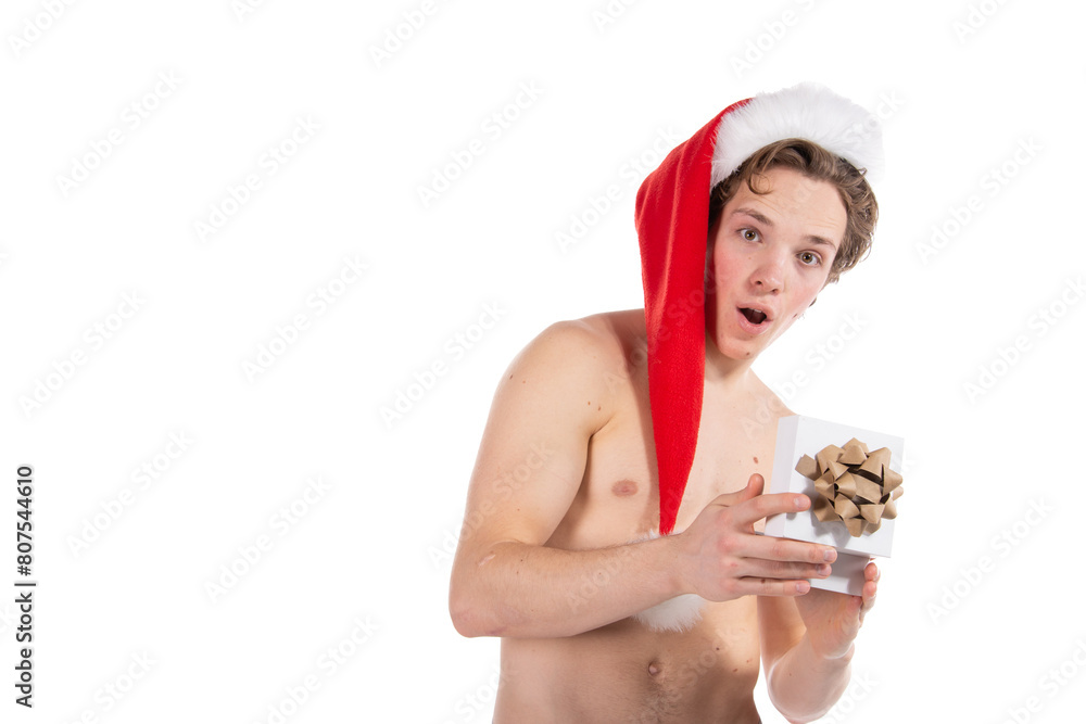 Christmas and New Year. Handsome young man in Santa Claus costume posing on white background. Christmas and New Year. Handsome young man in Santa Claus costume posing on white background.