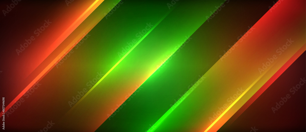 A vibrant display of colorfulness featuring red, green, and yellow stripes on a glowing neon background with a diagonal line. This eyecatching design is perfect for events and graphics A vibrant display of colorfulness featuring red, green, and yellow stripes on a glowing neon background with a diagonal line. This eyecatching design is perfect for events and graphics