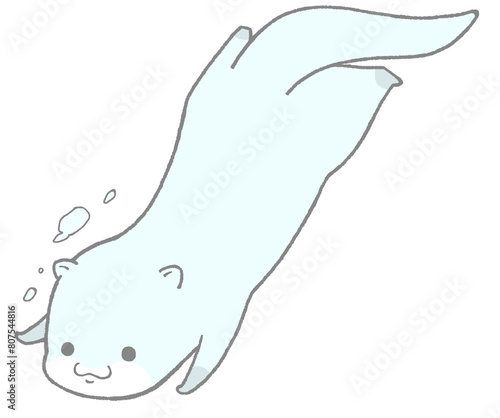 An otter swimming underwater towards the bottom left sky blue 