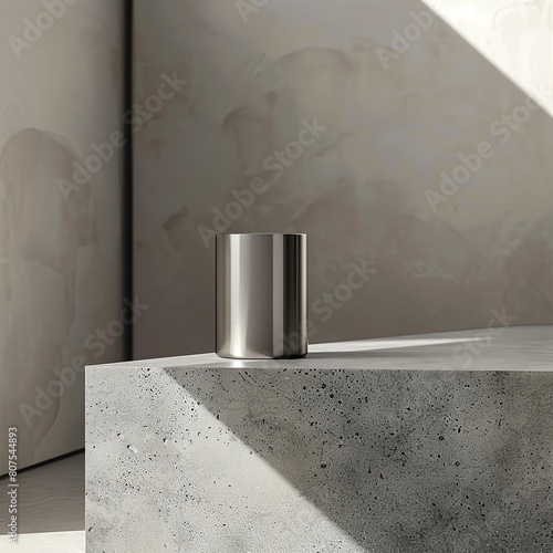 Metallic silver tumbler showcased on a minimalist grey stone podium, providing a sophisticated backdrop for luxury branding © BOMB8