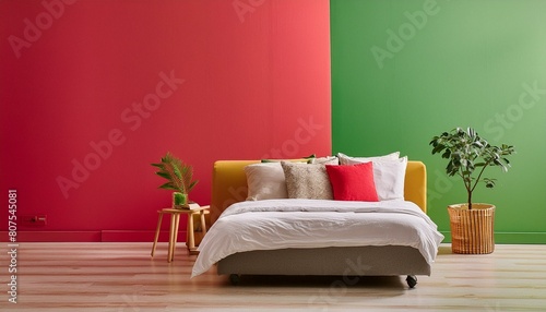 Bed against vibrant red and green wall with copy space. Minimalist interior design of modern bedroom