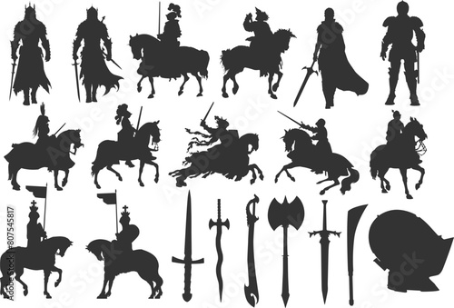 set of knight silhouette, sword, horse. Vector illustration