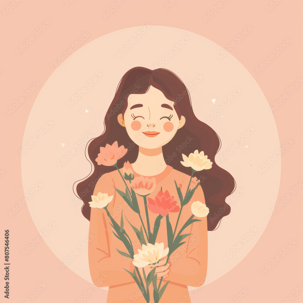 woman lady illustration in pink background, with flowers, for mother's day poster