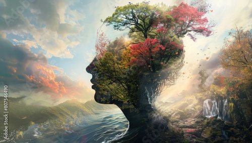 A surreal digital artwork depicting the concept of balance between human and nature.