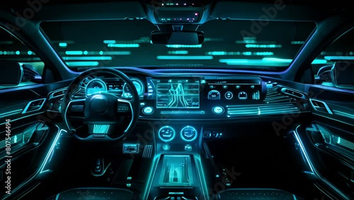 The interior of a futuristic car with a digital dashboard. photo