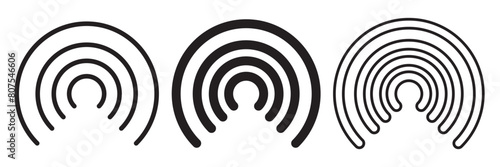 Radio tower icon set. Internet and mobile connection. Linear style. Signal set vector icons. Radio signals waves and light rays, radar, wifi, antenna and satellite signal symbols.