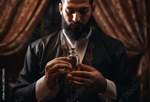 Arabic man with beard, wearing black thobe and tawiz or perfume bottle in his hands, background features dark brown curtains