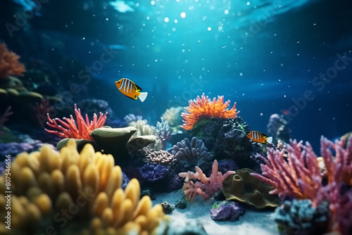 Colorful coral reef teems with underwater life in the tropical sea