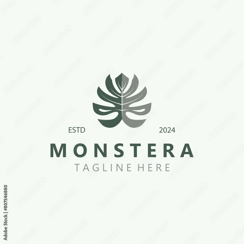 Obraz premium Monstera deliciosa leaf nature logo design, flat plant icon design illustration template