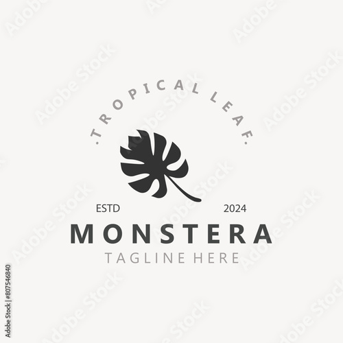 Monstera deliciosa leaf nature logo design, flat plant icon design illustration template
