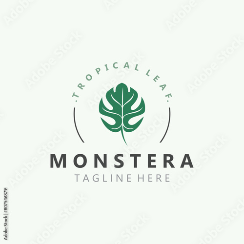 Monstera deliciosa leaf nature logo design, flat plant icon design illustration template