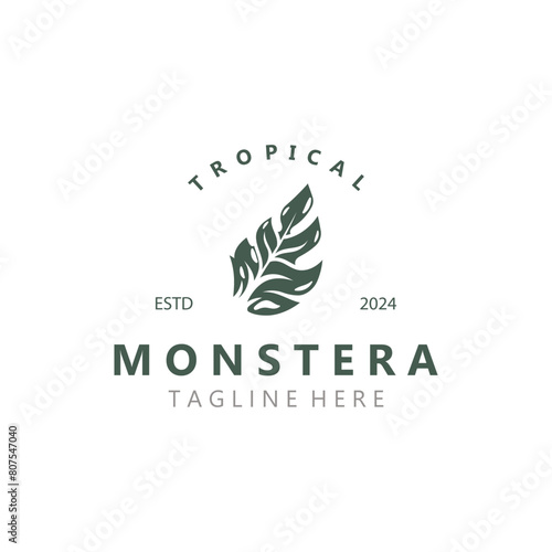 Monstera deliciosa leaf nature logo design, flat plant icon design illustration template