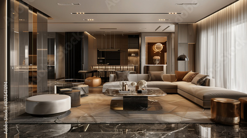 a luxurious interior living room with modern furniture, a marble floor, and elegant decor, well-lit with sophisticated lighting © Art_spiral