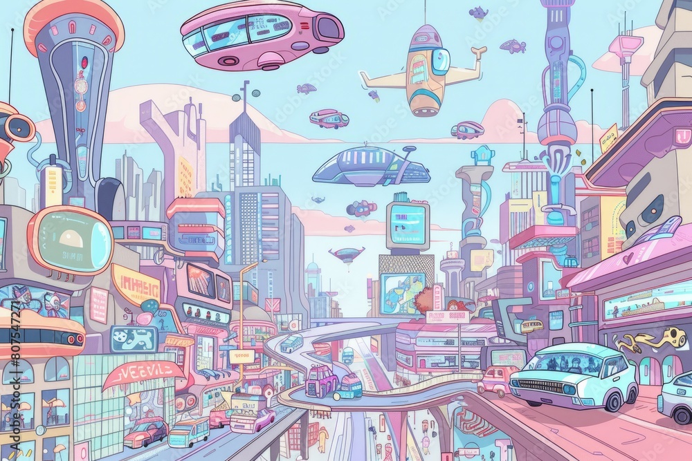 Cartoon cute doodles of a futuristic cityscape filled with flying cars, holographic billboards, and cyborg pedestrians, Generative AI