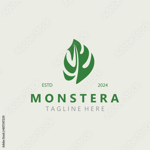 Monstera deliciosa leaf nature logo design, flat plant icon design illustration template