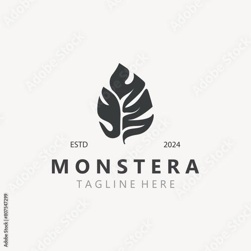Monstera deliciosa leaf nature logo design, flat plant icon design illustration template