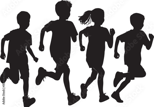 silhouettes of running children vector illustration, group of active kids playing clipart graphic, front view