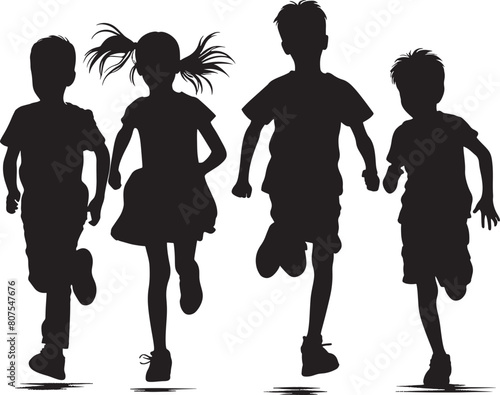 silhouettes of running children vector illustration, group of active kids playing clipart graphic, front view