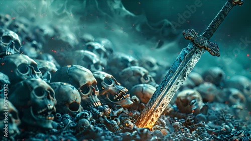 A sword stuck in a pile of skulls.