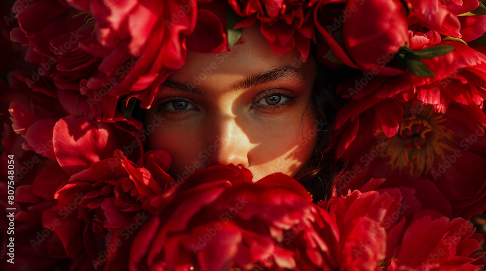 A young female model surrounded by flowers, showcasing a fashionable look with her face decorated by blossoms. Her face is covered in red flowers. In the style of fashion editorial