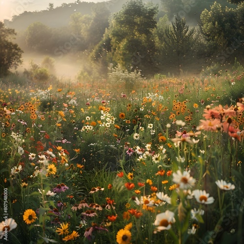 Lush Verdant Meadow Blanketed with Vibrant Blooming Wildflowers in Peaceful Cinematic Landscape © shutterace